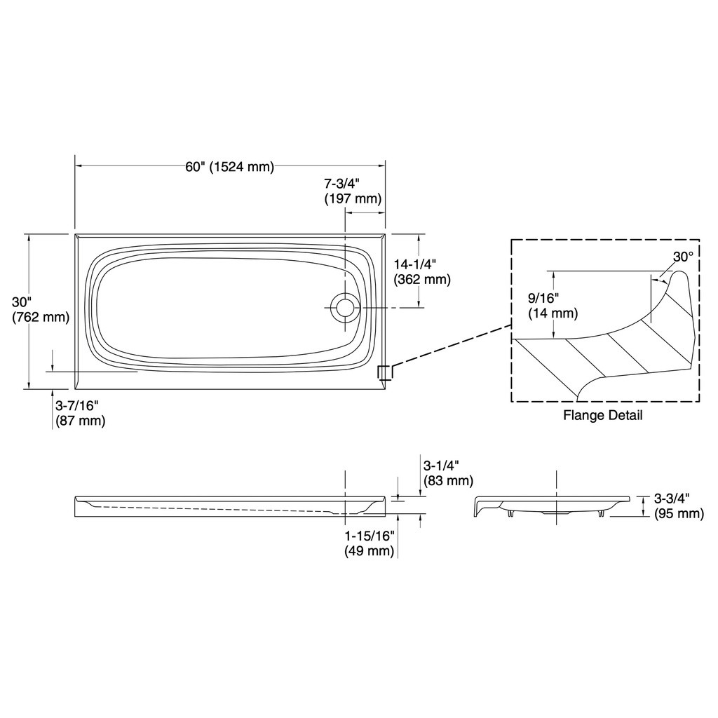 Kohler 9054-NY Salient Receptor W/ Rh Drn, 60''X30''