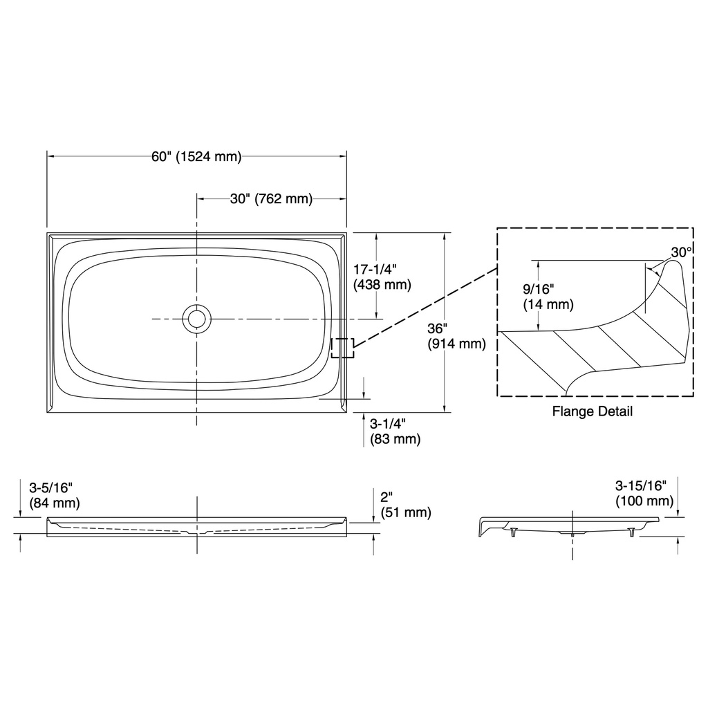 Kohler 9055-7 Salient Recptor W/ Cntr Drn, 60''X36''