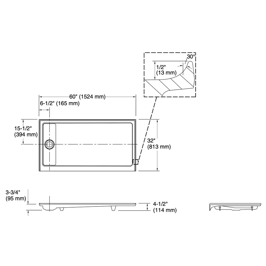 Kohler 9163-96 Receptor W/Lh Ctr Drn, 60X32
