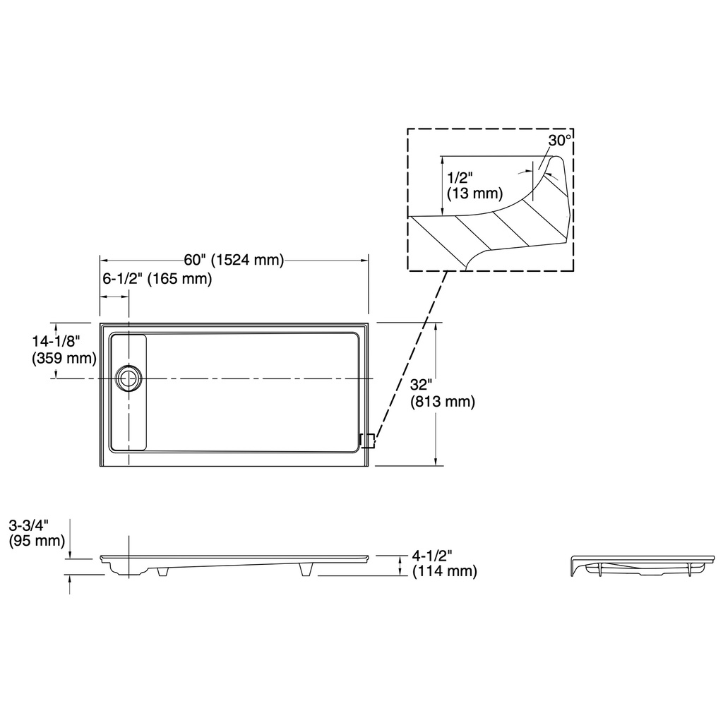 Kohler 9165-0 Receptor W/Lh Off-Ctr Drn, 60X32