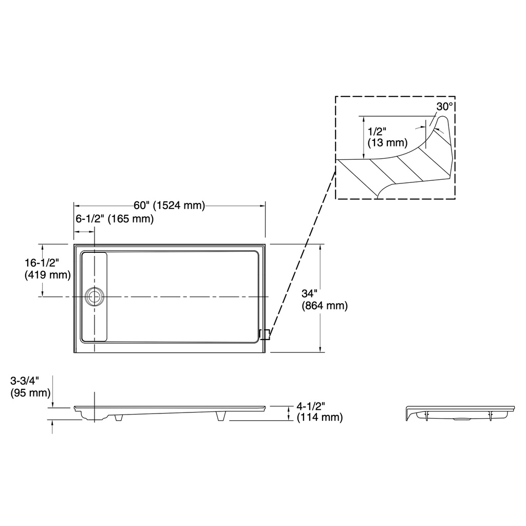 Kohler 9177-0 Receptor W/Lh Ctr Drn, 60X34
