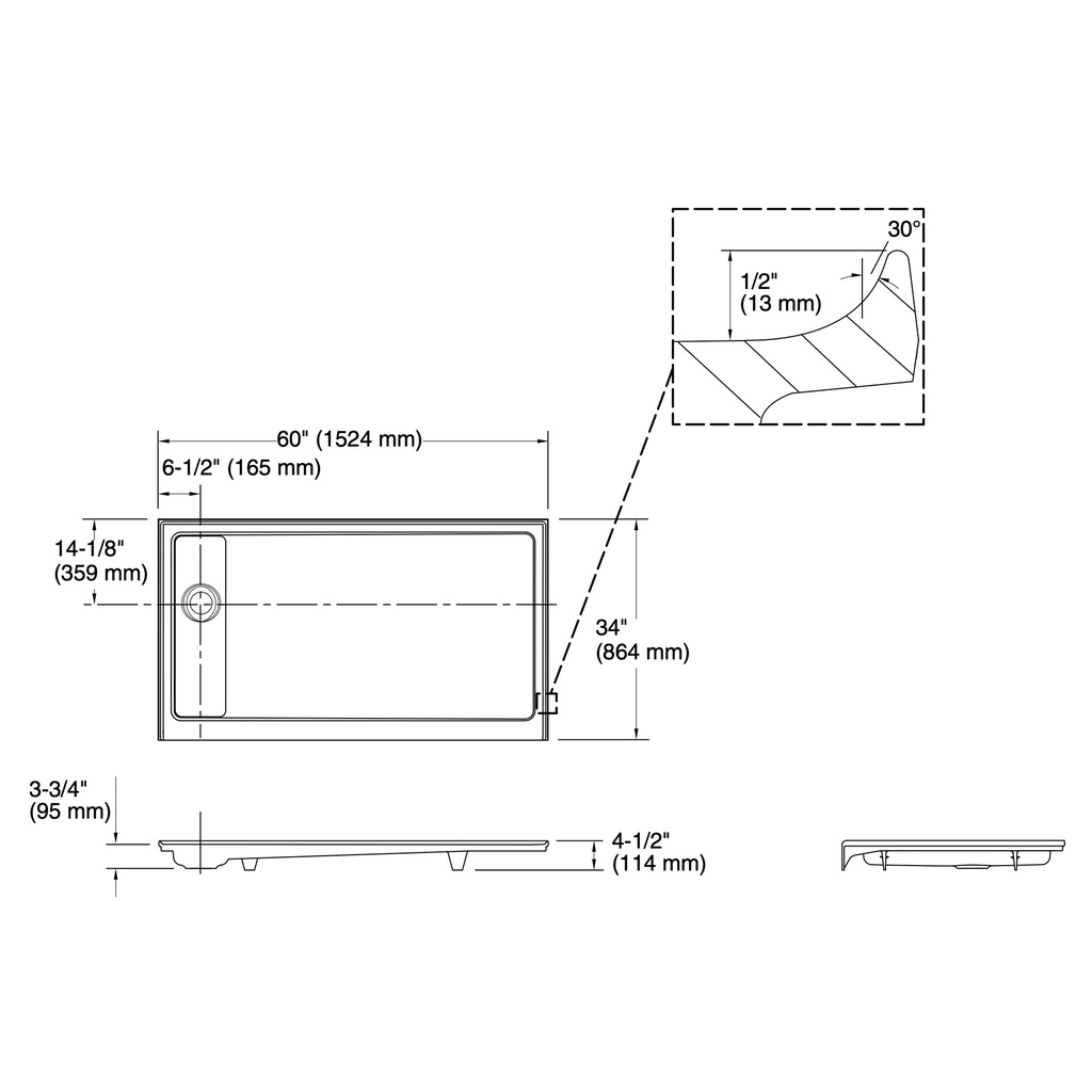 Kohler 9193-0 Receptor W/Lh Off-Ctr Drn, 60X34