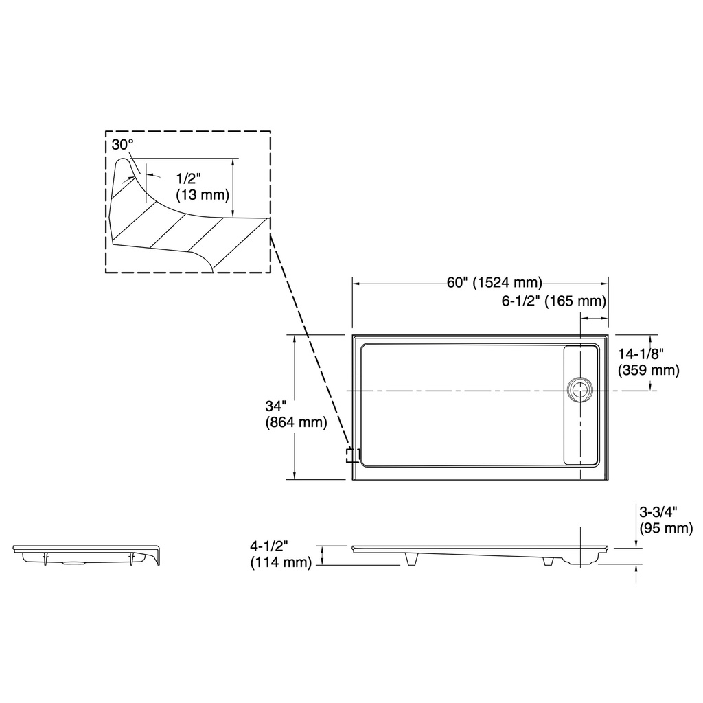 Kohler 9194-NY Receptor W/Rh Off-Ctr Drn, 60X34