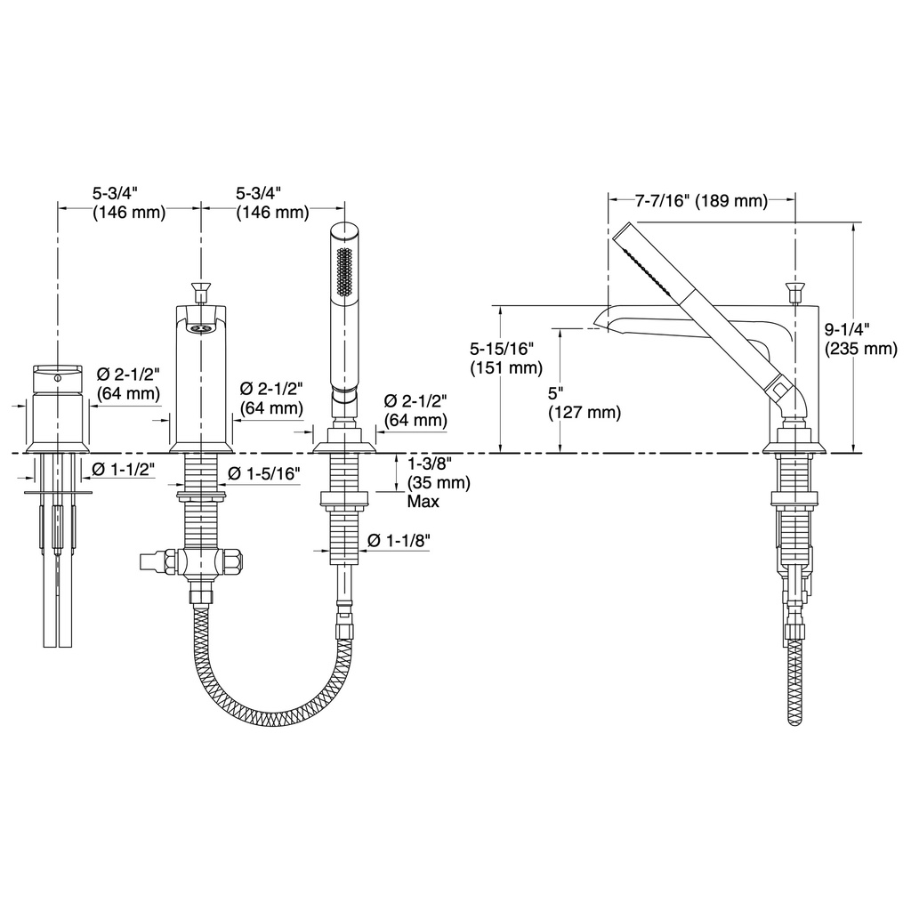 Kohler 97070-4-2MB Hint 3Hole Bath Filler W/ Handshower