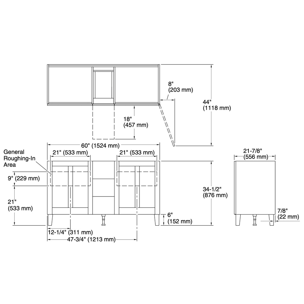 Kohler 99537-LG-1WT Poplin Vanity, 60 2 Door 3 Dwr Legs