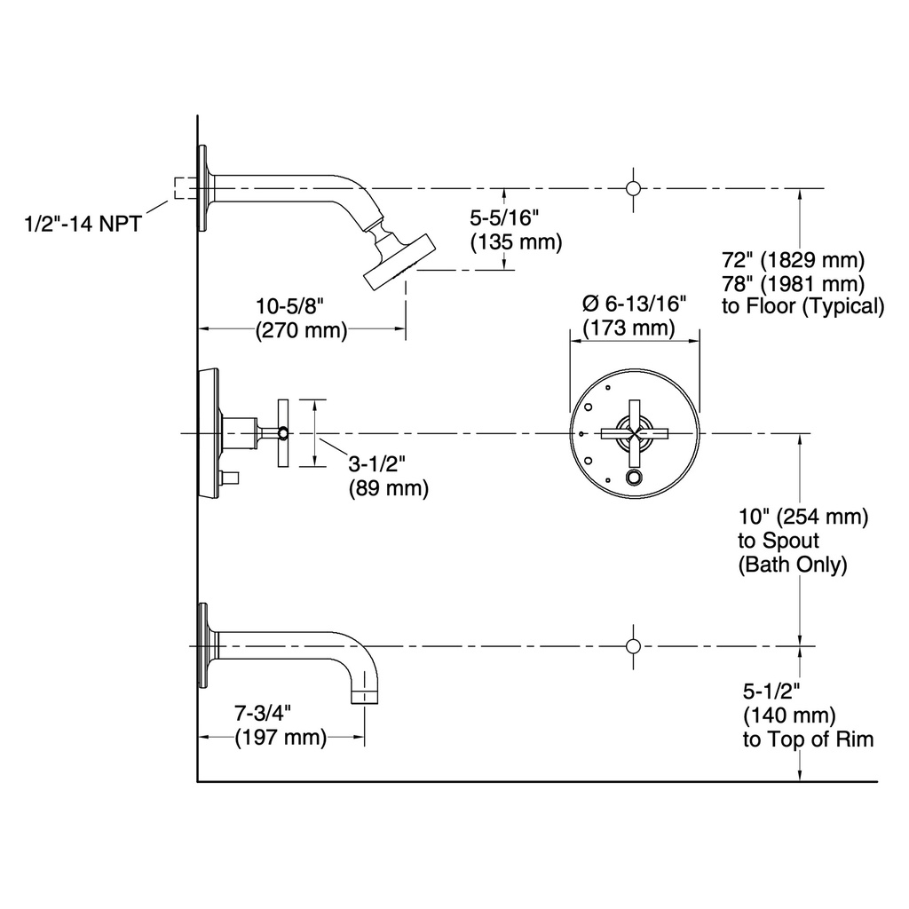 Kohler T14421-3-BN Purist R/T B&S Trm/Crs Hdls,90-Deg Spt