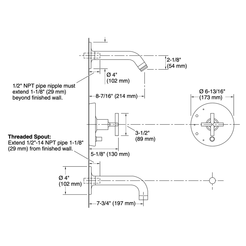Kohler T14421-3L-BN Purist B/S Trm W/Div, 90 Spt, Ls Hd-Crs