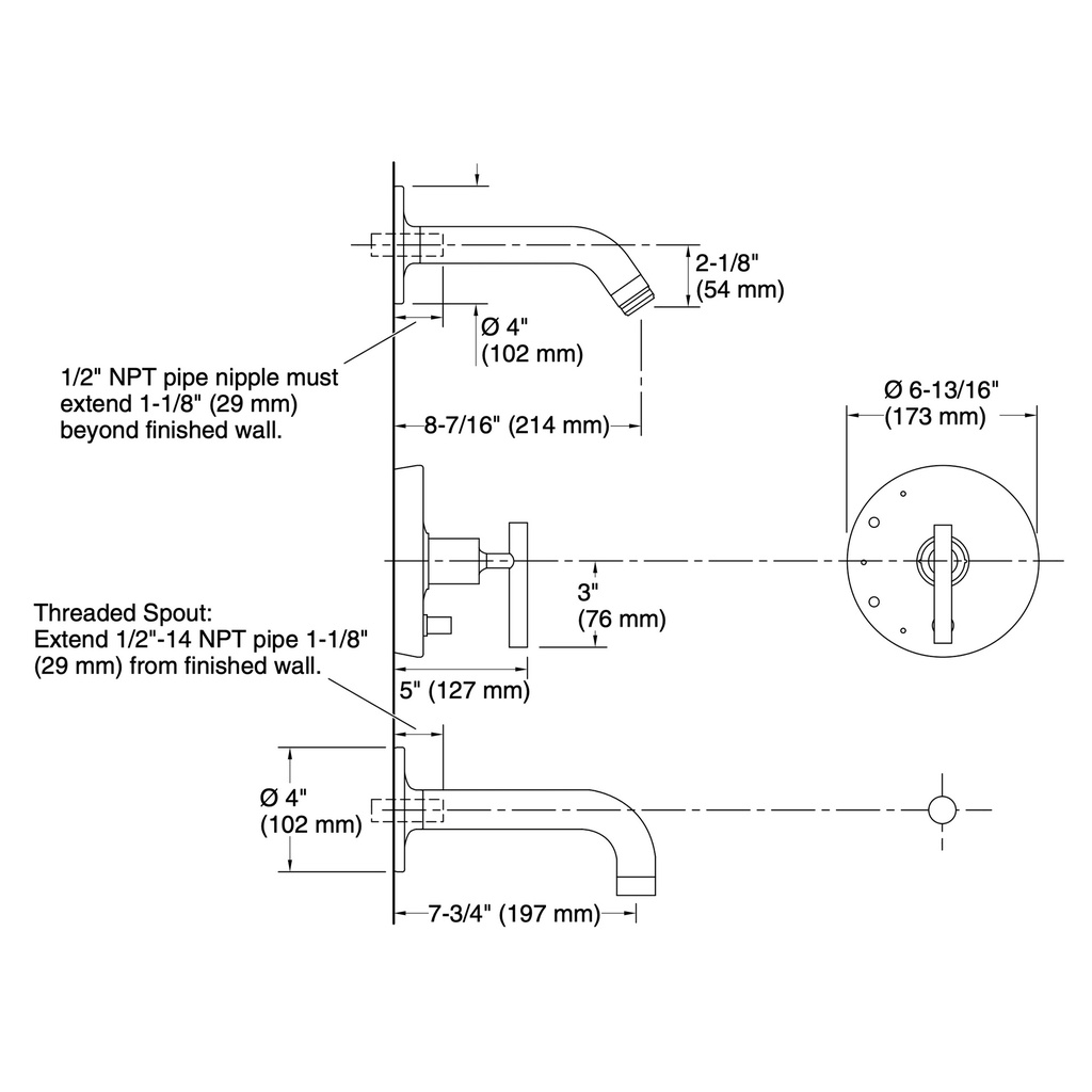 Kohler T14421-4L-BN Purist B/S Trm W/Div, 90 Spt, Ls Hd-Lvr
