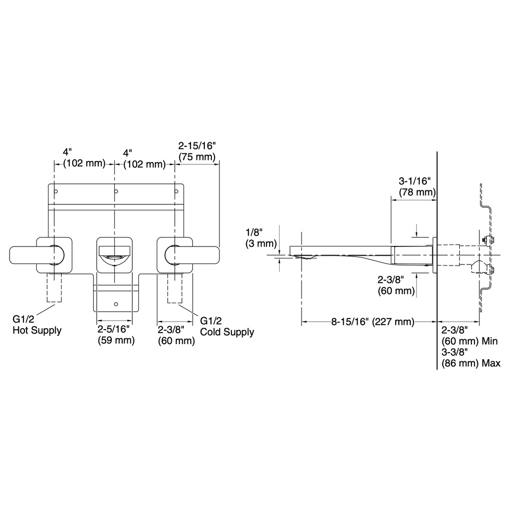 Kohler T23491-4-TT Parallel 2H Wm Bath Faucet Trm Lever