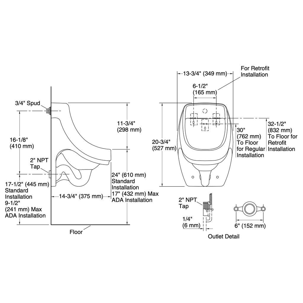 Kohler 5452-ER-0 Dexter Washdown Wall Mount 0.125 GPF Urinal With Rear Spud