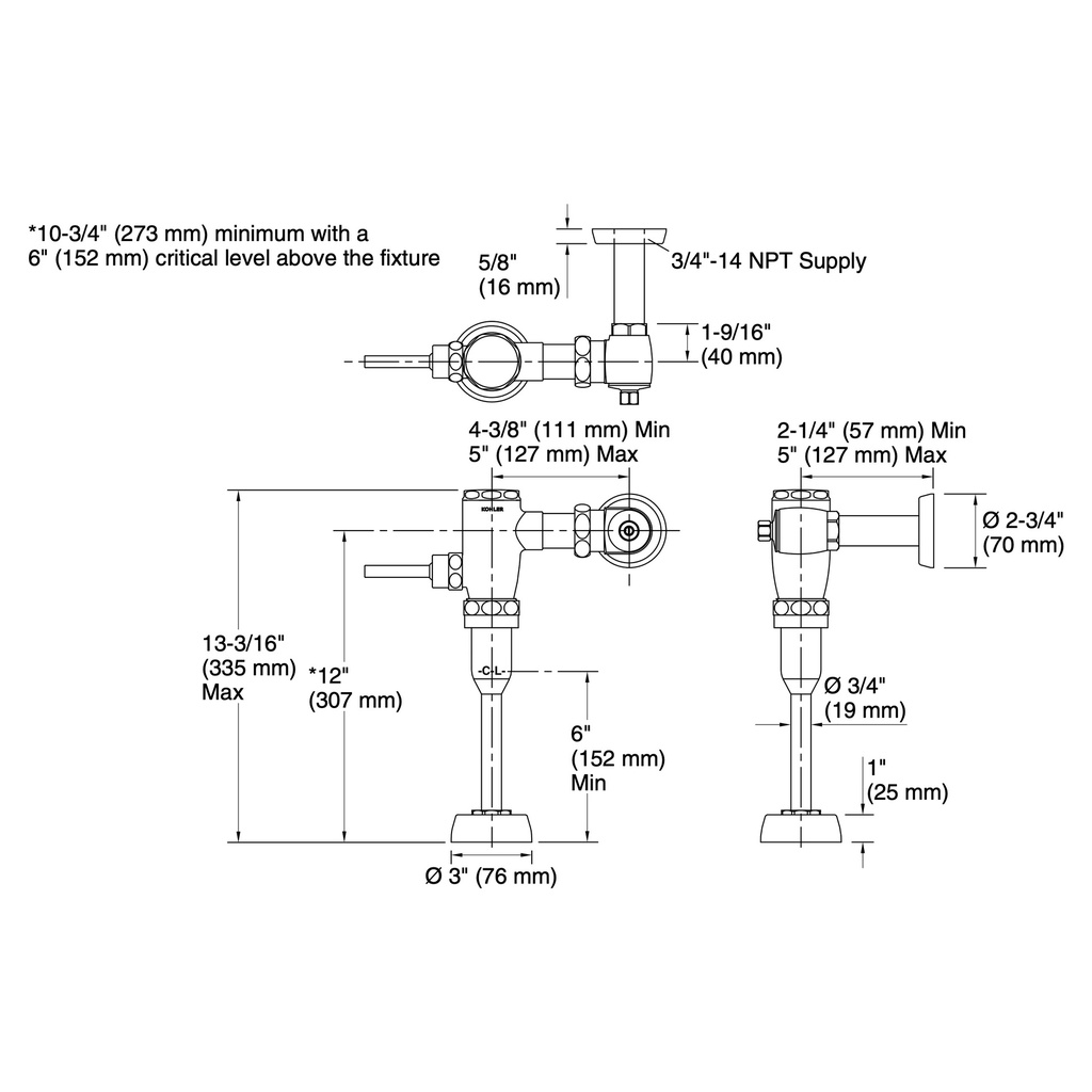 Kohler 76317-CP Primme Urinal Flushometer 0.125 Gpf