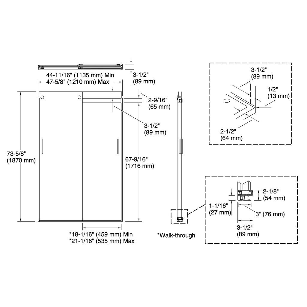 Kohler 706008-D3-MX Levity 1/4 Shower Door 74 X 47-5/8 Hdl