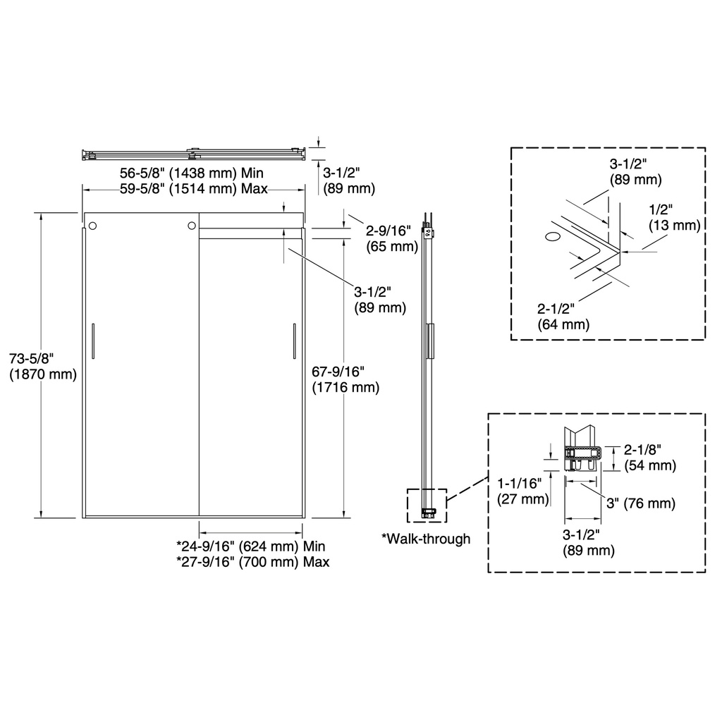Kohler 706009-L-MX Levity 1/4 Shower Door 74 X 59-5/8 Hdl