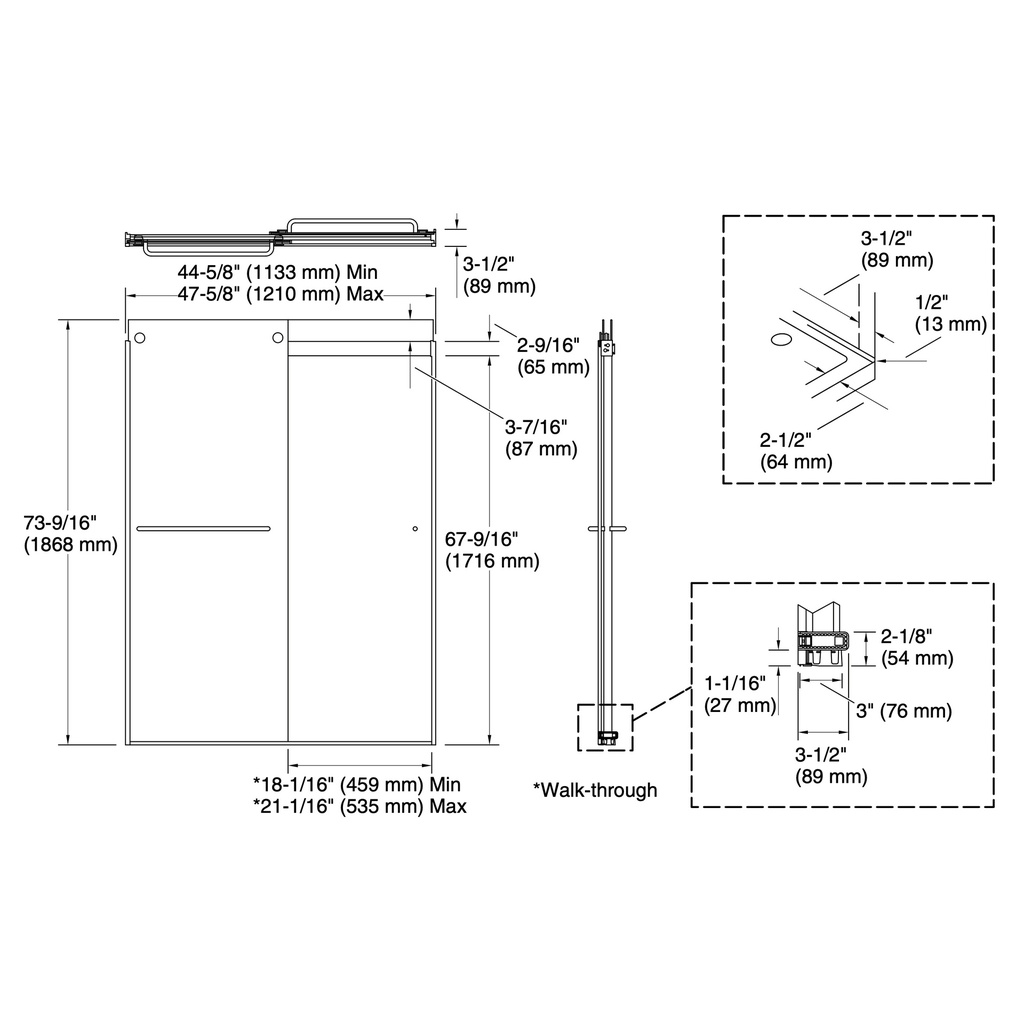Kohler 706014-L-MX Levity 1/4 Shower Door 74 X 47-5/8 Tb