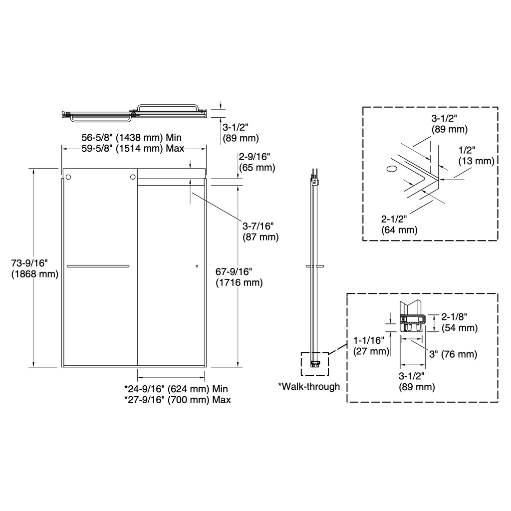 Kohler 706015-L-MX Levity 1/4 Shower Door 74 X 59-5/8 Tb