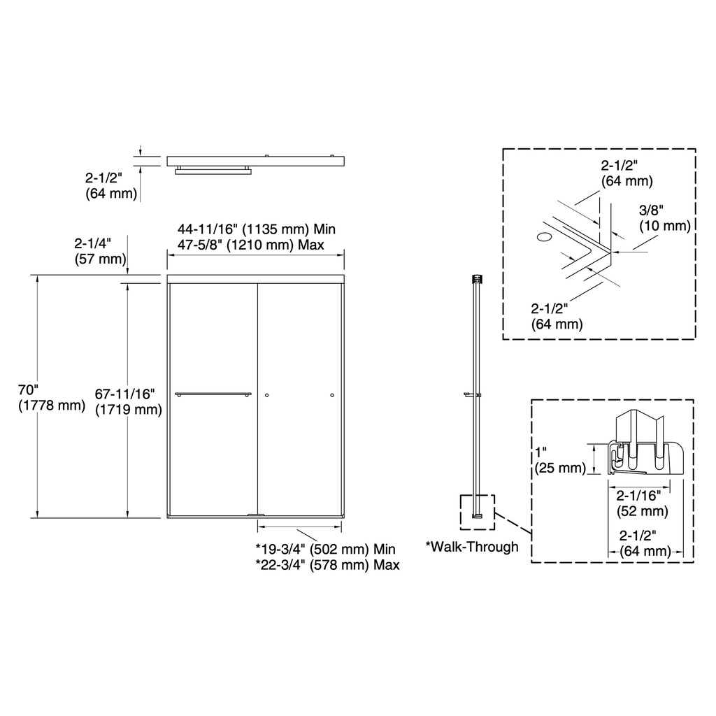 Kohler 707100-L-BNK Revel 1/4 Shower Door, 70 X 47-5/8