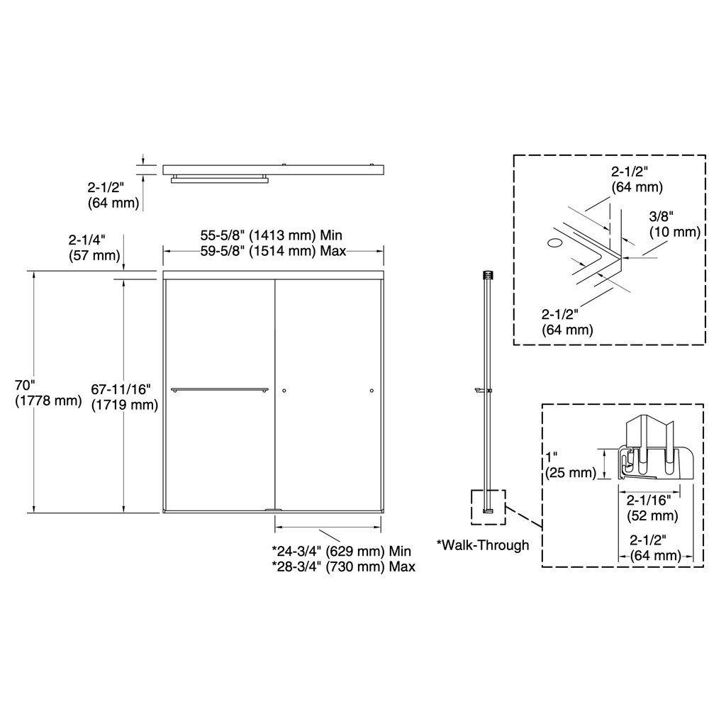 Kohler 707200-L-BNK Revel 1/4 Shower Door, 70 X 59-5/8