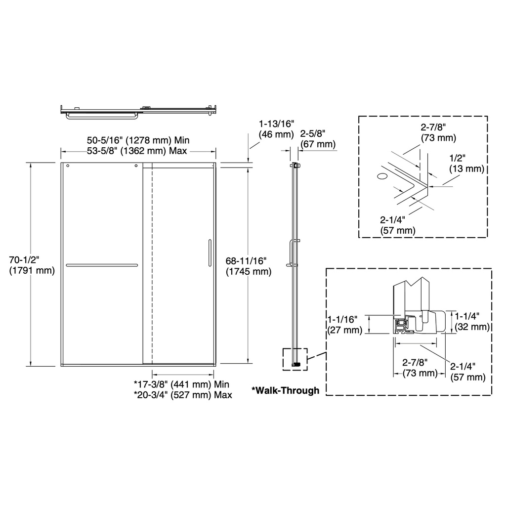Kohler 707607-6D3-SH Elate 1/4 Shower Door 70 1/2 X 53 5/8