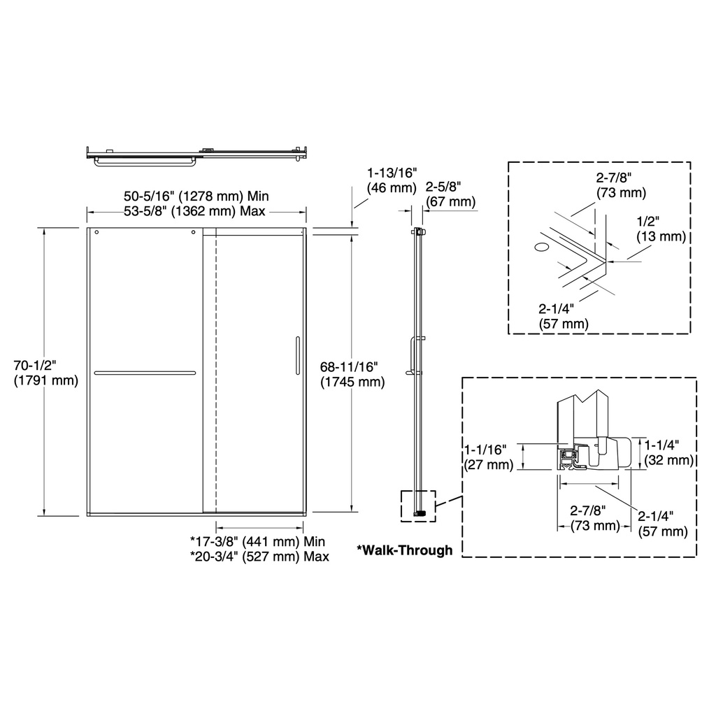 Kohler 707607-6L-SH Elate 1/4 Shower Door 70 1/2 X 53 5/8