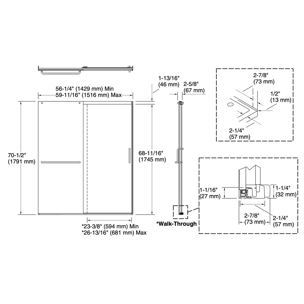 Kohler 707608-6L-SH Elate 1/4 Shower Door 70 1/2 X 59 5/8