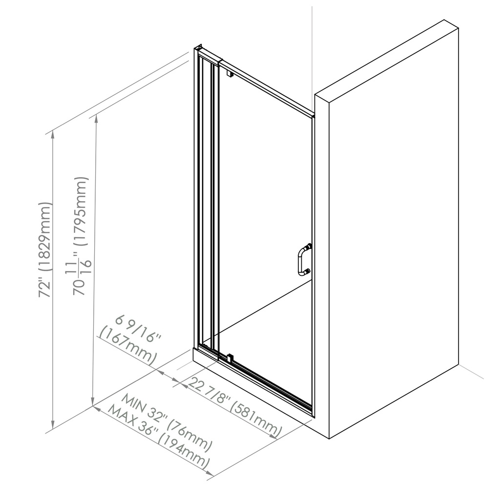 Neptune 220333-900-084-000 Belaya 32-36 x 72 in. 6mm Pivot Shower Door for Alcove Installation with Clear Glass in Chrome