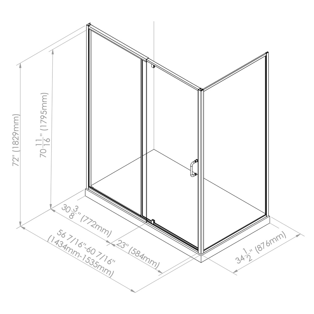 Neptune 220338-900-084-000 Belaya 60 x 36 x 72 in. 6mm Pivot Shower Door for Corner Installation with Clear Glass in Chrome