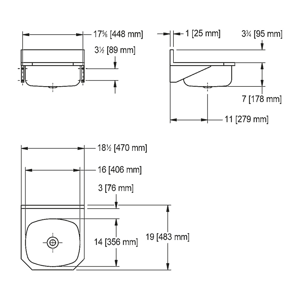Franke WHB1819-316-3-1 Wall Hung Wash Basin 18Ga 1.5 Inch Waste T316 1 Hole