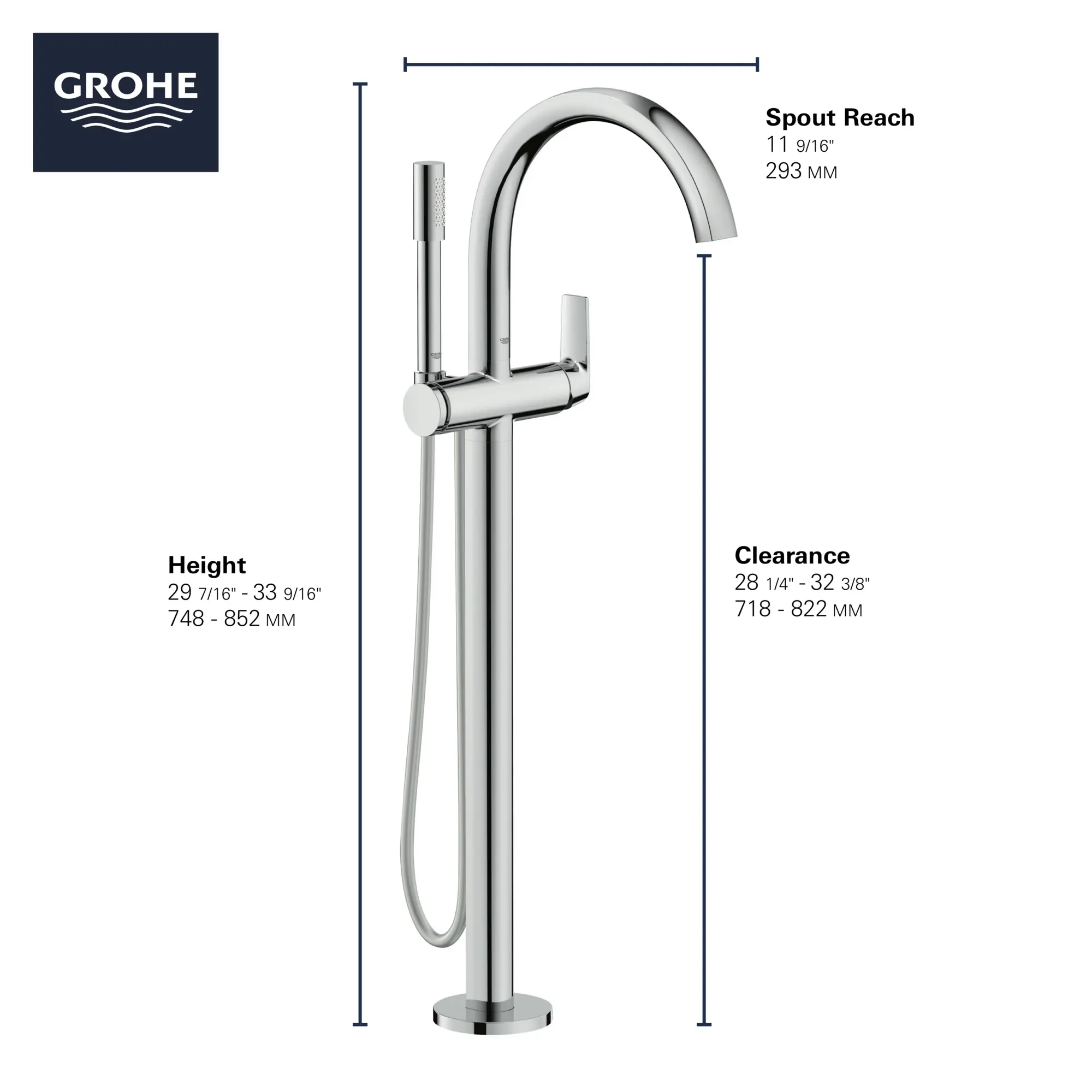 Grohe 29302000 Defined Single-Handle Free-standing Tub Faucet with Hand Shower in Chrome