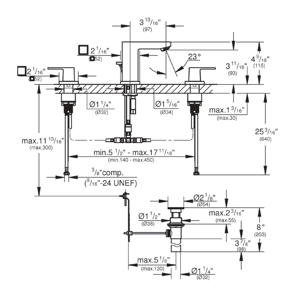 Grohe 20370GNA Eurocube 8" Widespread 2-Handle S-Size Bathroom Faucet 4.5 L/Min (1.2 Gpm) Brushed Cool Sunrise