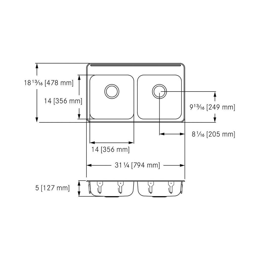 Franke ALBD4405P-1-3 Double With Ledge 18 Gauge