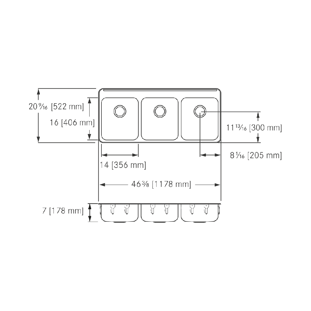 Franke LBT6407CB-1-3 Triple 20 Gauge With Ledge