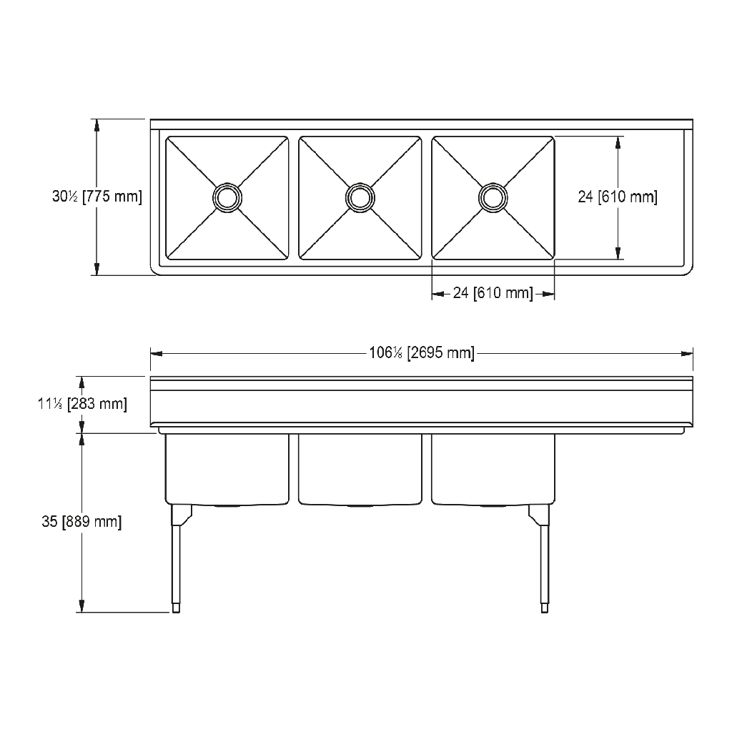 Franke RTL2472R-1-2 Restaurant Series 16 Gauge Triple Compartment