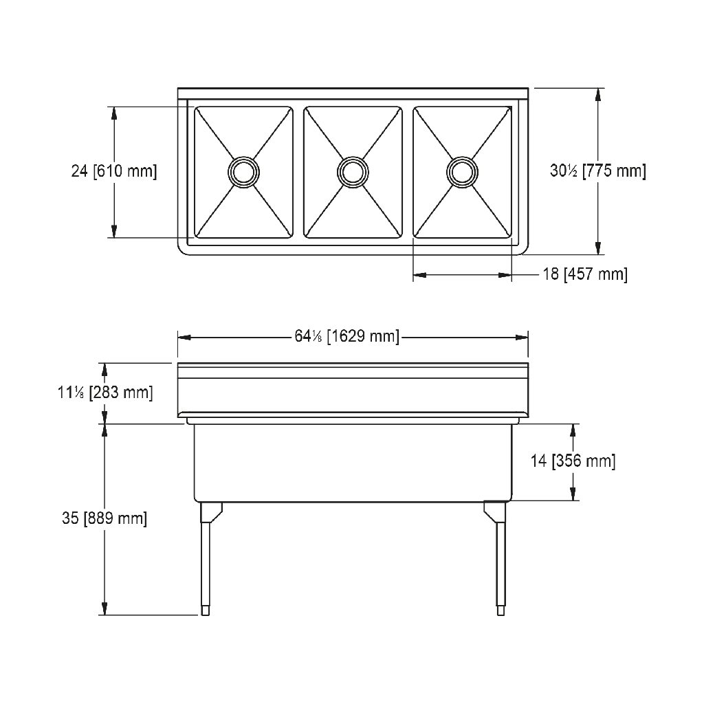Franke WTL2454-1-2 World-Class Series 14 Gauge Triple Compartment