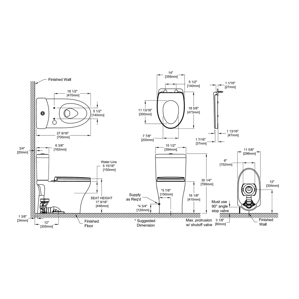 TOTO MS446124CEMGN#11 Aquia IV WASHLET+ Two-Piece Elongated Dual Flush 1.28 and 0.9 GPF Toilet with CEFIONTECT Colonial White MS446124CEMGN#11
