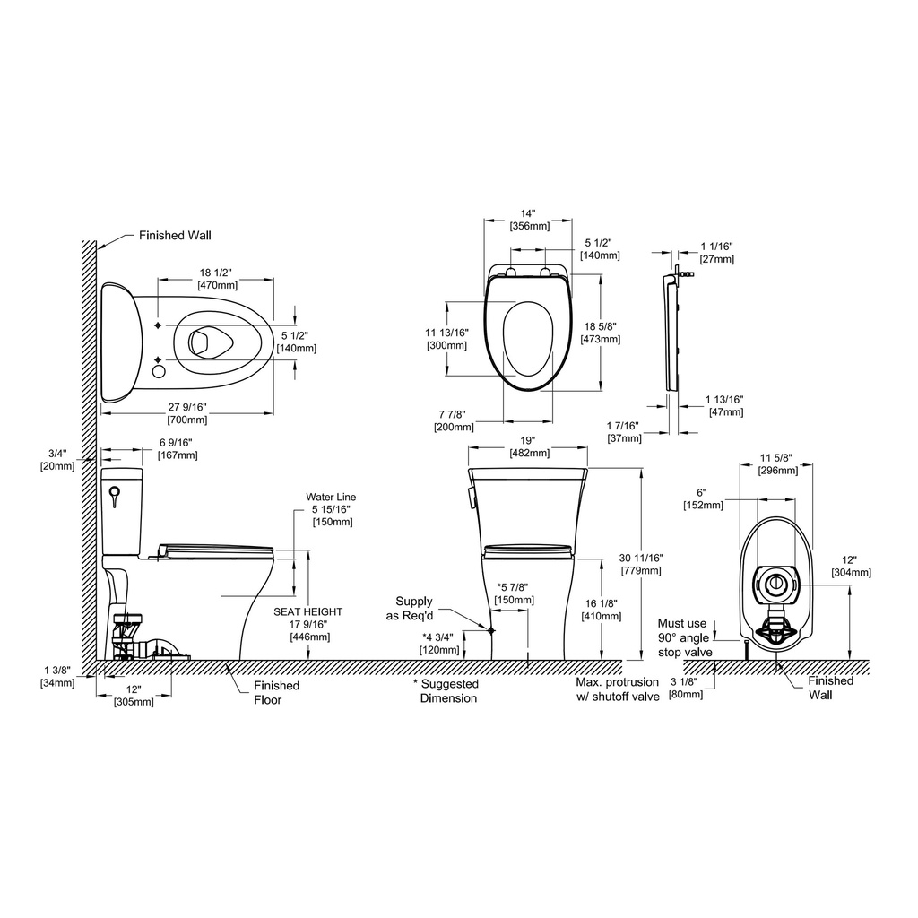 TOTO MS448124CEMFGN#01 Aquia IV Arc Two-Piece Elongated Dual Flush 1.28 and 0.9 GPF Universal Height Toilet with CEFIONTECT WASHLET+ Ready Cotton White MS448124CEMFGN#01