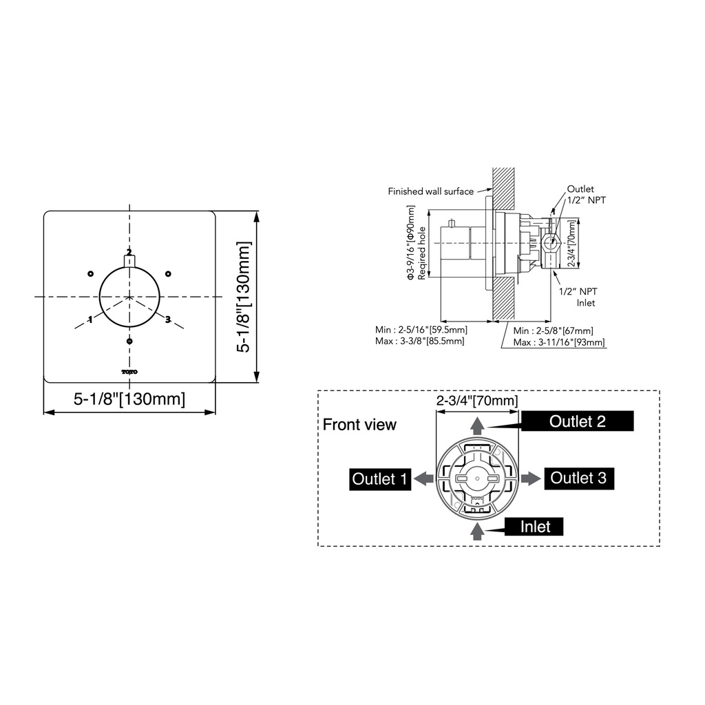 TOTO TBV02102U#MBL 3Way Div Trim W/Off G Square