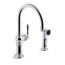Kohler 99262-CP Artifacts 2-Hole Kitchen Sink Faucet With 14-11/16 Swing Spout And Matching Finish Two-Function Side-Spray With Sweep And Berrysoft Spray Arc Spout Design 3