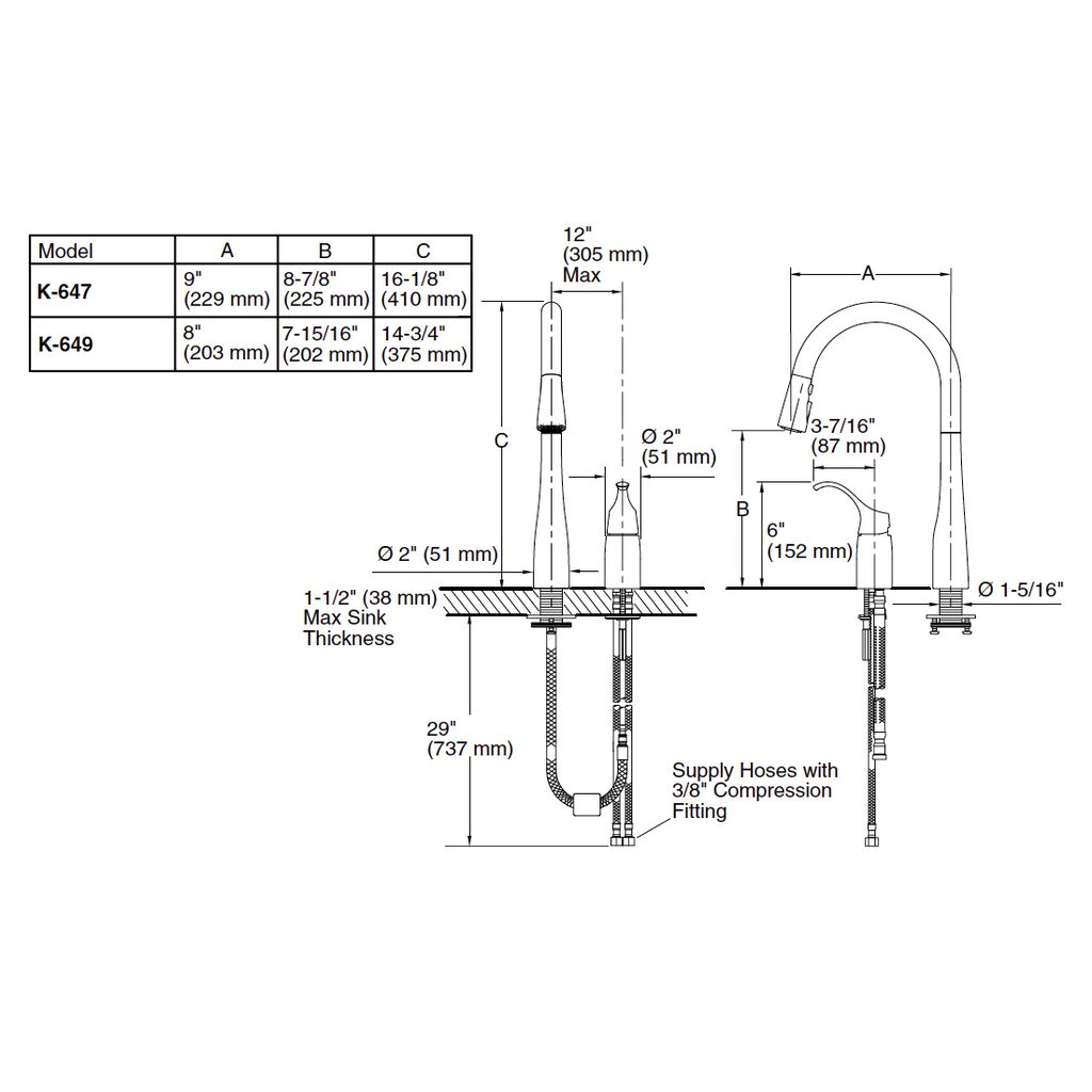 Kohler 647-CP Simplice Two-Hole Kitchen Sink Faucet With 16-1/8 Pull-Down Swing Spout Docknetik Magnetic Docking System And A 3-Function Sprayhead Featuring Sweep Spray 2