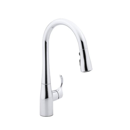 Kohler 597-CP Simplice Single-Hole Or Three-Hole Kitchen Sink Faucet With 15-3/8 Pull-Down Spout Docknetik Magnetic Docking System And A 3-Function Sprayhead Featuring Sweep Spray 1