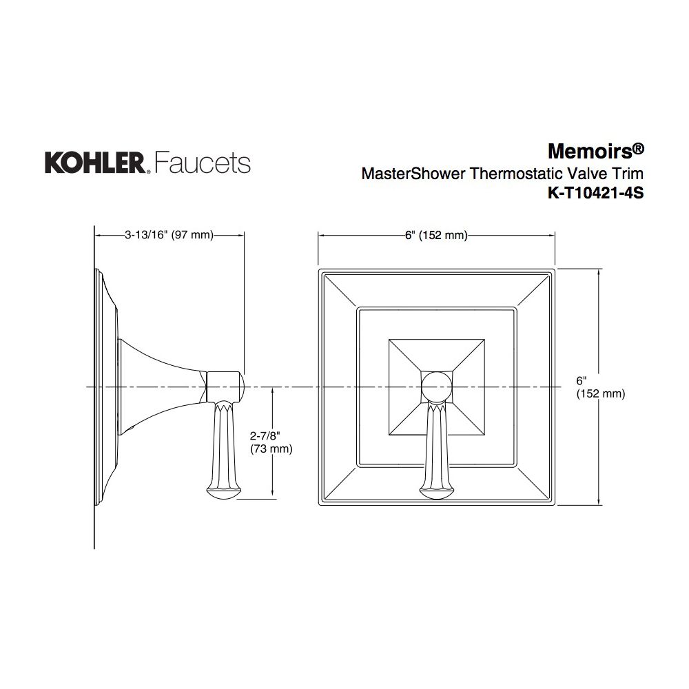 Kohler T10421-4V-CP Memoirs Thermostatic Valve Trim With Stately Design And Deco Lever Handle Valve Not Included 2