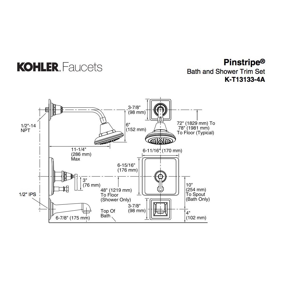 Kohler T13133-4A-CP Pinstripe Pure Rite-Temp Pressure-Balancing Bath And Shower Faucet Trim With Lever Handle Valve Not Included 2