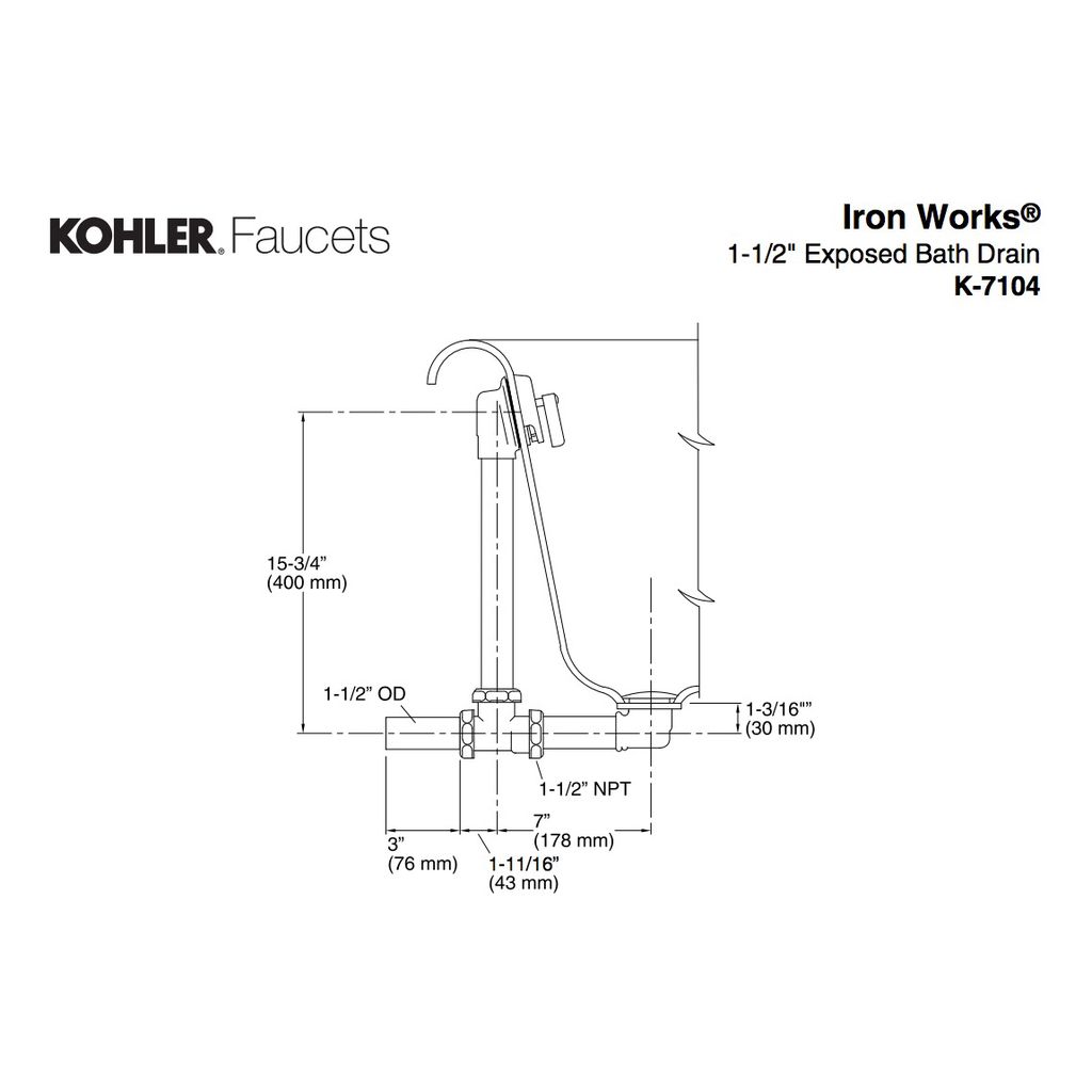 Kohler 7104-AF Iron Works Exposed Bath Drain For Above-The-Floor Installation 2
