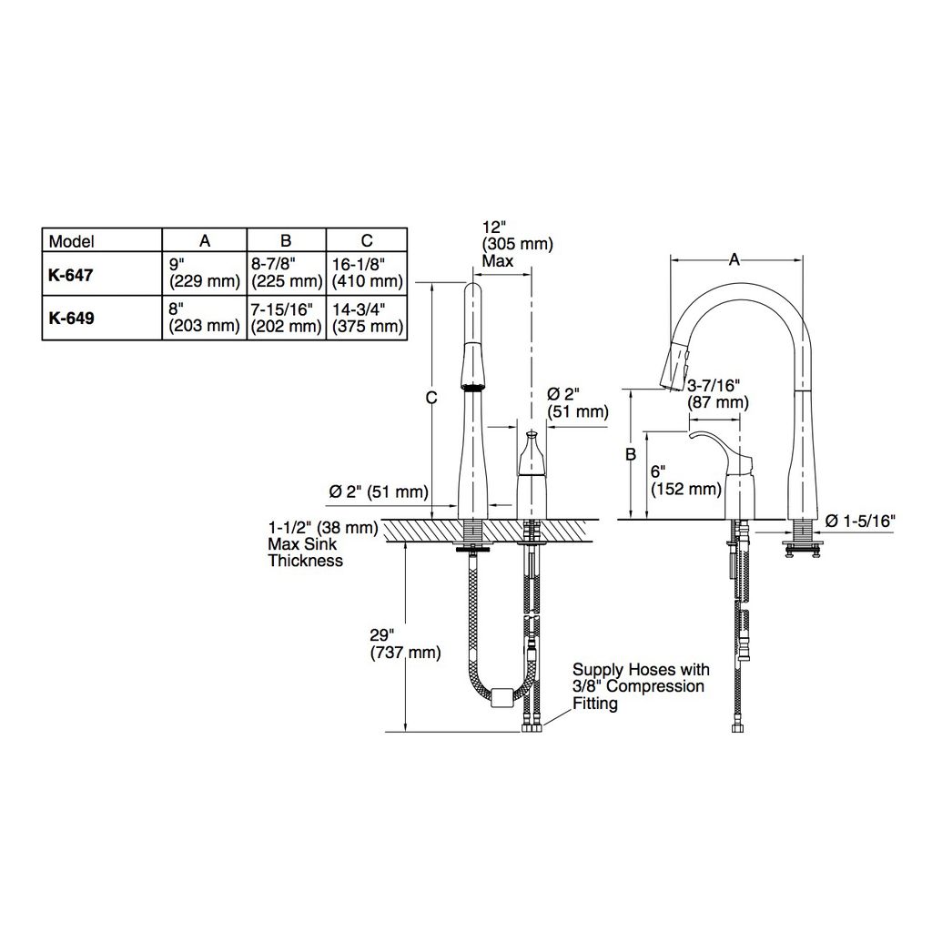 Kohler 647-VS Simplice Two-Hole Kitchen Sink Faucet With 16-1/8 Pull-Down Swing Spout Docknetik Magnetic Docking System And A 3-Function Sprayhead Featuring Sweep Spray 2
