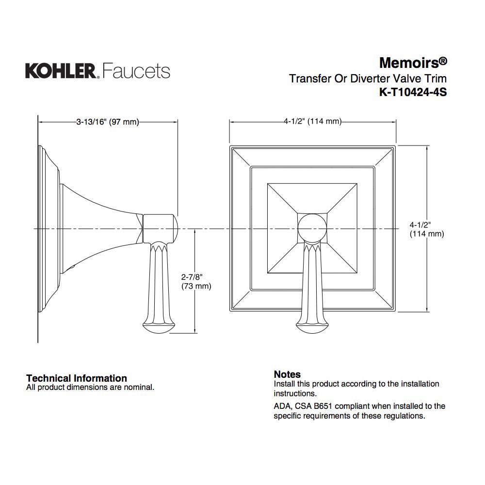 Kohler T10424-4V-CP Memoirs Transfer Valve Trim With Stately Design And Deco Lever Handle Valve Not Included 2