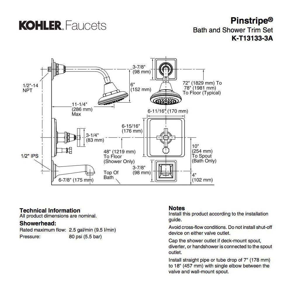 Kohler T13133-3A-CP Pinstripe Pure Rite-Temp Pressure-Balancing Bath And Shower Faucet Trim With Cross Handle Valve Not Included 2