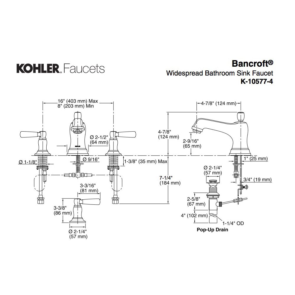 Kohler 10577-4-2BZ Bancroft Widespread Lavatory Faucet With Metal Lever Handles 2
