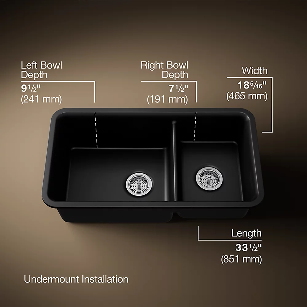 Kohler 8204-CM1 Cairn 33-1/2 X 18-5/16 X 9-1/2 Neoroc Under-Mount Large/Medium Double-Bowl Kitchen Sink With Sink Rack 1