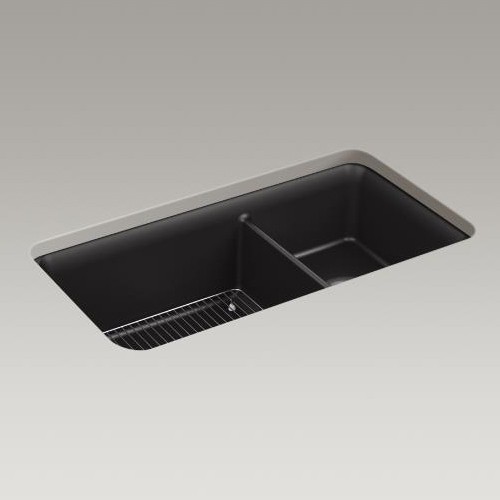 Kohler 8204-CM1 Cairn 33-1/2 X 18-5/16 X 9-1/2 Neoroc Under-Mount Large/Medium Double-Bowl Kitchen Sink With Sink Rack 1