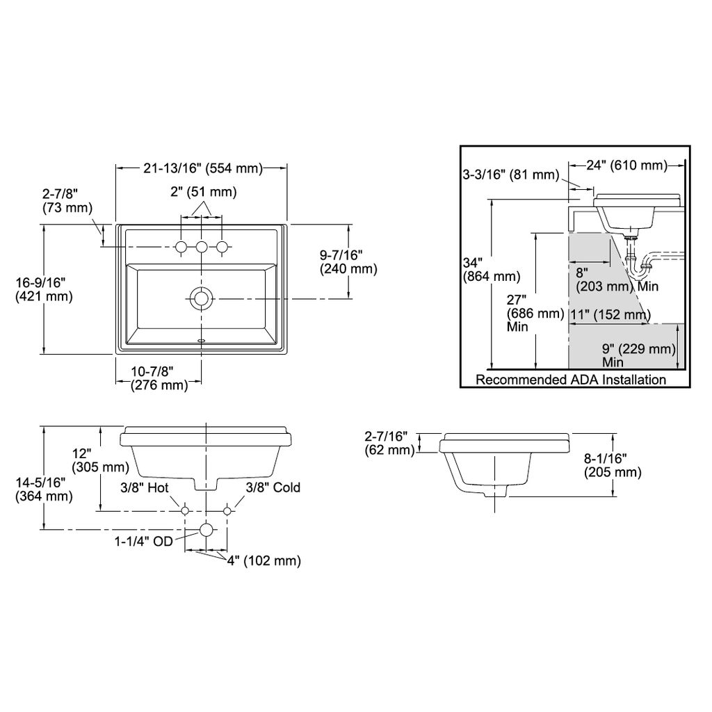 Kohler 2991-8-0 Tresham Rectangle Self-Rimming Lavatory With 8 Widespread Faucet Drilling 2