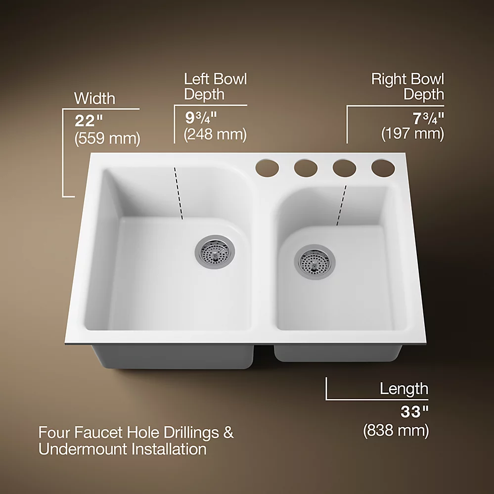 Kohler 5931-4U-0 Executive Chef 33 X 22 X 10-5/8 Under-Mount Large/Medium High/Low Double-Bowl Kitchen Sink With 4 Oversize Faucet Holes 1